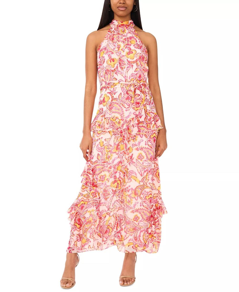 CeCe Women's Printed Sleeveless Tiered-Ruffle-Trim Dress in Magenta Multi